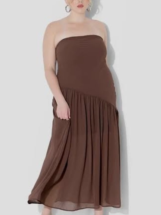 Dresses & Skirts - Strapless Brown Maxi Dress - Women's Flowy Evening Dress